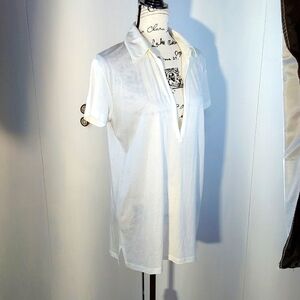 Talbots| Womens White Plunging V Neckline Short Sleeve Top Neutral Mod Sz.M